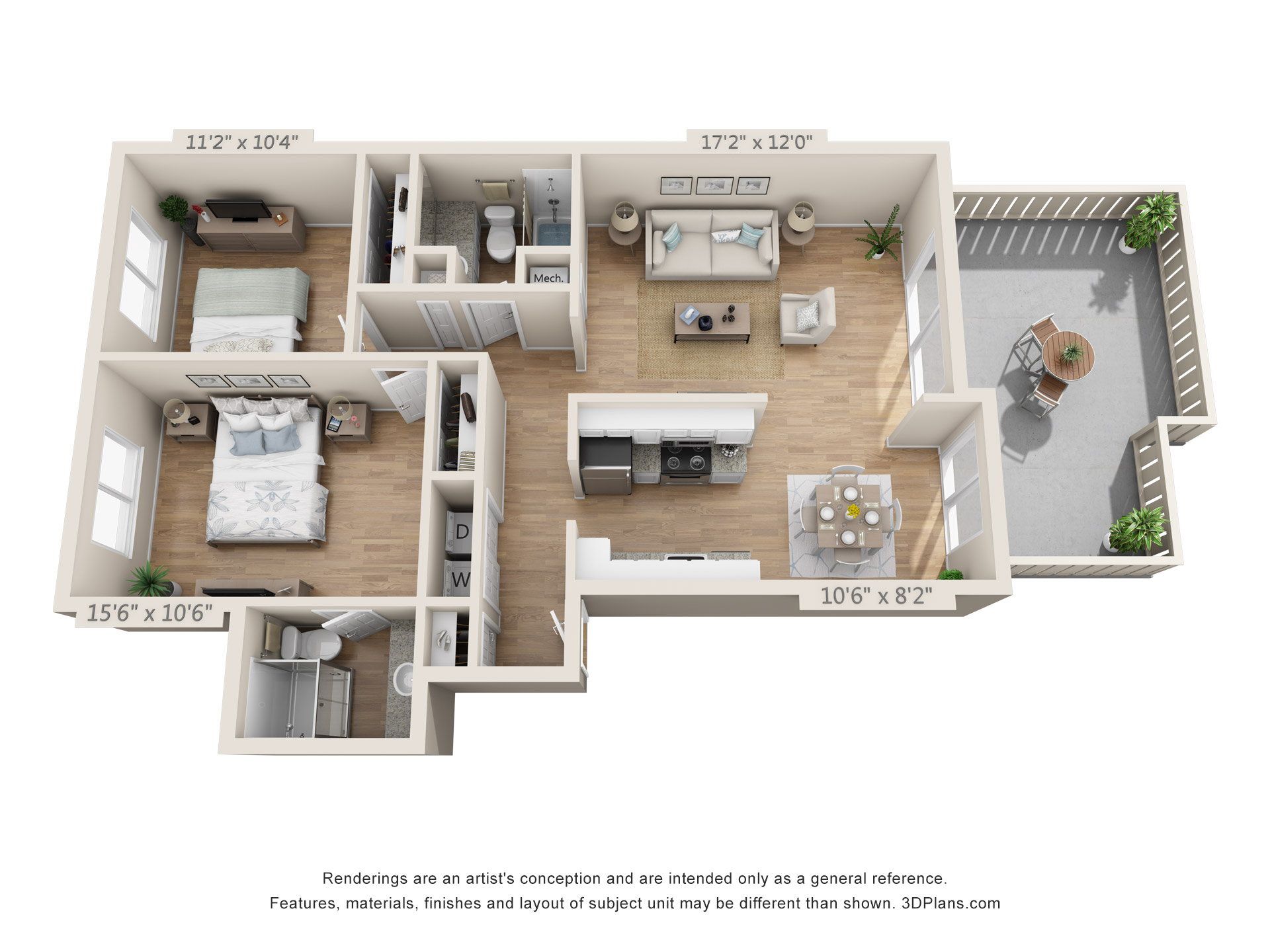 Floor plan for 2 beds, 2 baths, 940 sqft